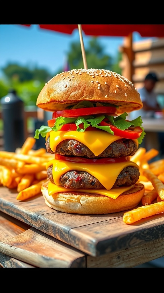 A juicy cheeseburger with melted cheese, lettuce, and tomato on a toasted bun, served with fries.
